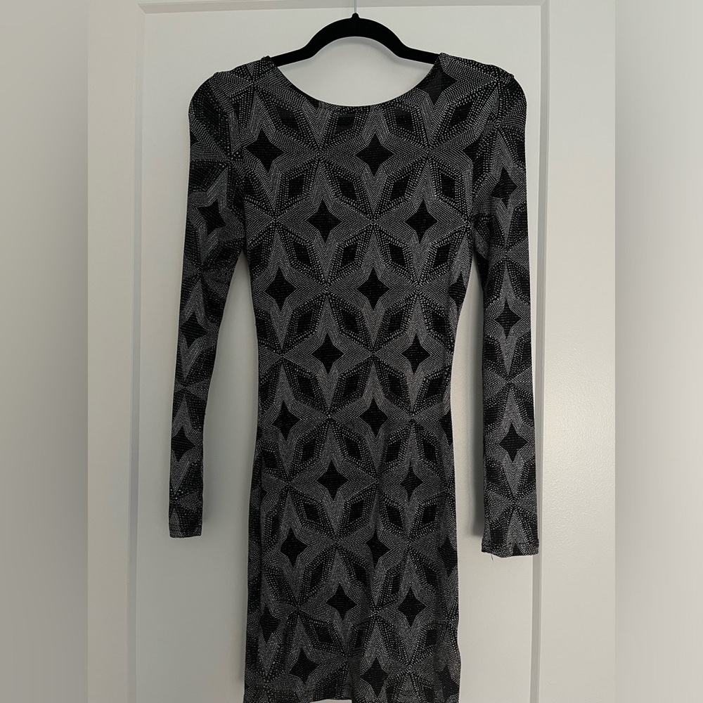 Sparkly Long Sleeve Bodycon Glitter Women’s Mini Dress Silver & Black Stretch S